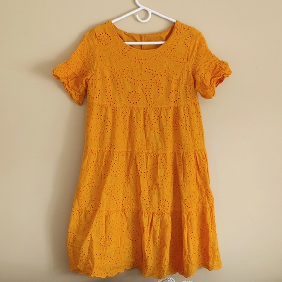 Medium 6 Shein Goldenrod Yellow Eyelet Dress Tiered - Picture 1 of 12